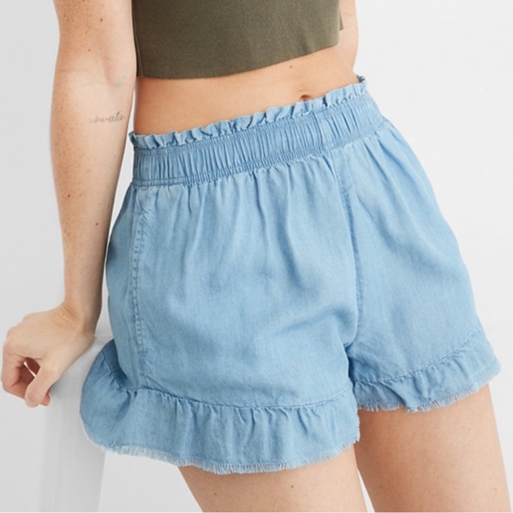 AERIE chambray denim pull on ruffle hem shorts